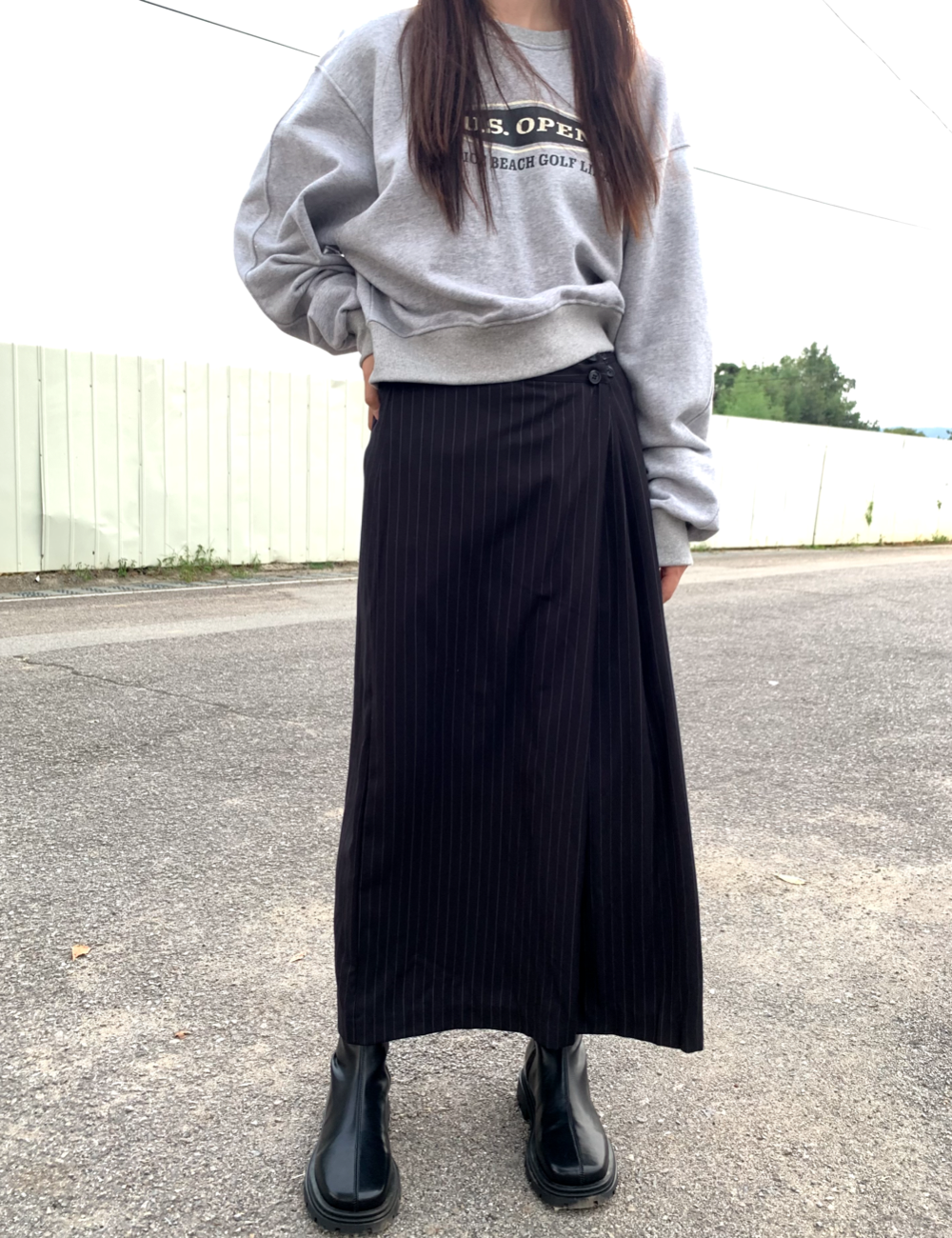 stripe button long skirt